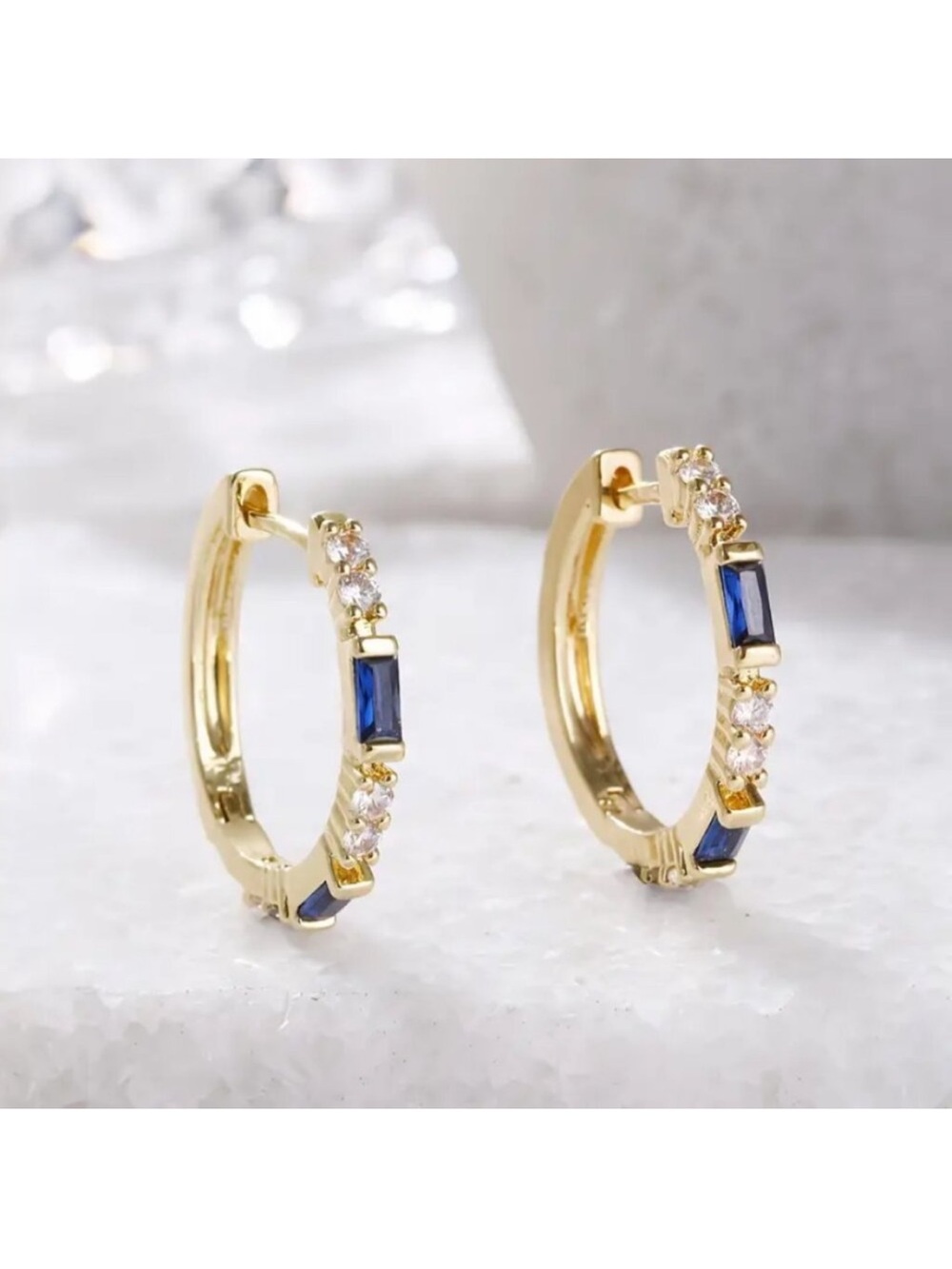 14K Gold Plated 2ct Natural Blue Sapphire 1ct Diamond Small Hoop Earrings